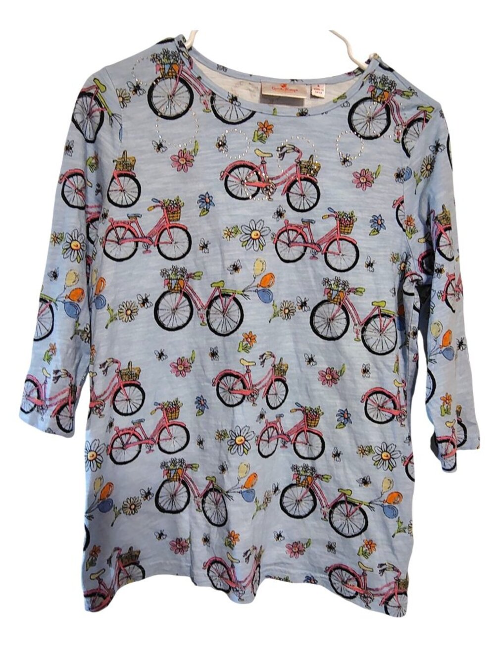 Quacker Factory Blue Small Enjoy the Ride Bicycle Top Shirt, Flower, Rhinestone